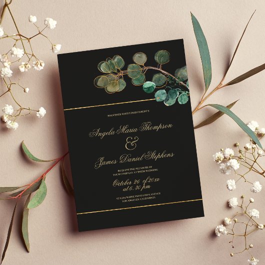 Invitation Mariage feuille de luxe noir or vert eucalyptus
