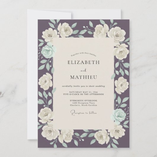 Invitation Mariage Feuille de Menthe Prune (Devant)