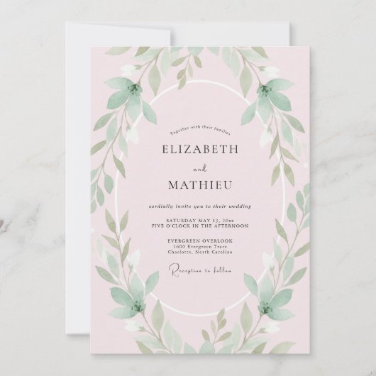 Invitation Mariage Feuille de Menthe Rose (Devant)