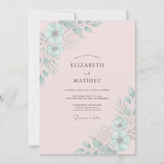 Invitation Mariage Feuille de Menthe Rose (Devant)