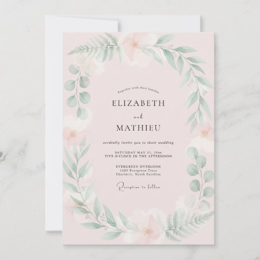 Invitation Mariage Feuille de Menthe Rose Pâle (Devant)