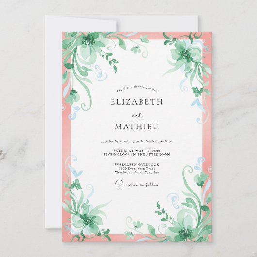 Invitation Mariage feuille de menthe saumon (Devant)