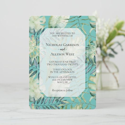 Invitation Mariage Feuille de Mint Tropical Green (Debout devant)