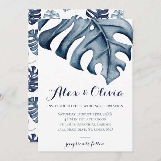 Invitation Mariage Feuille de Monstera d'aquarelle bleu (Devant / Derrière)