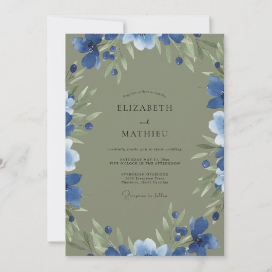 Invitation Mariage Feuillé de Mousse de Bleuet (Devant)