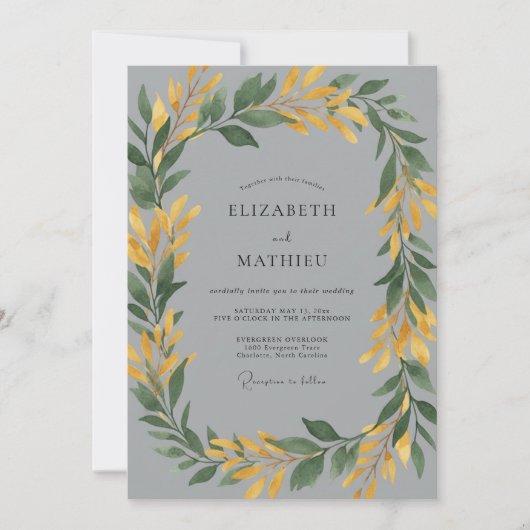 Invitation Mariage feuille de moutarde ardoise botanique (Devant)