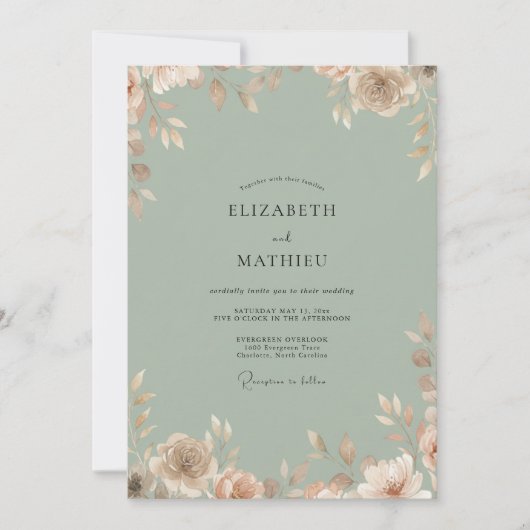 Invitation Mariage feuille de pêche céladon (Devant)