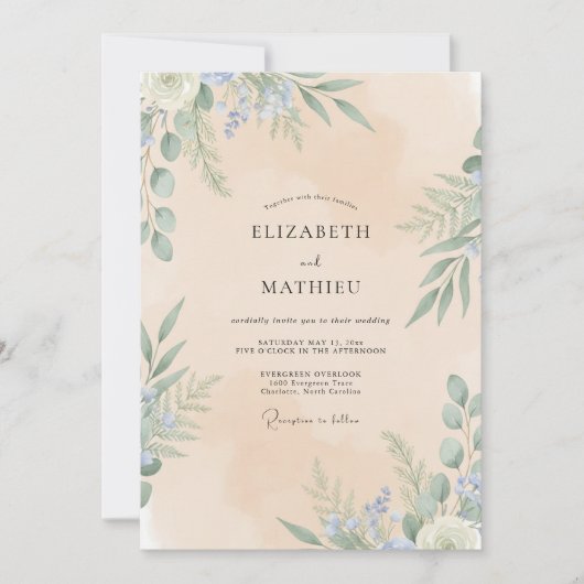Invitation Mariage feuille de pervenche champagne (Devant)