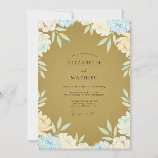 Invitation Mariage feuille de pervenche moutarde (Devant)
