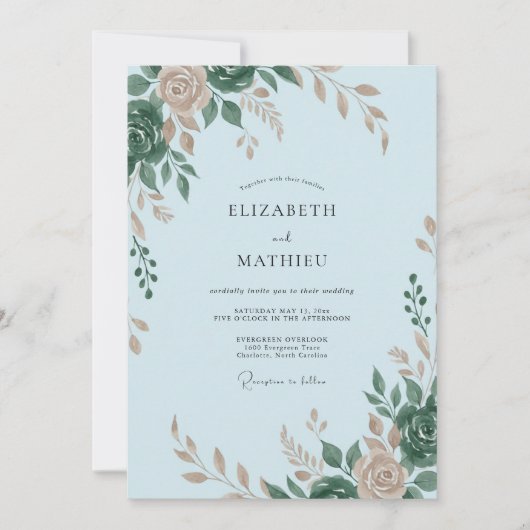 Invitation Mariage Feuille de Rose Céleste (Devant)