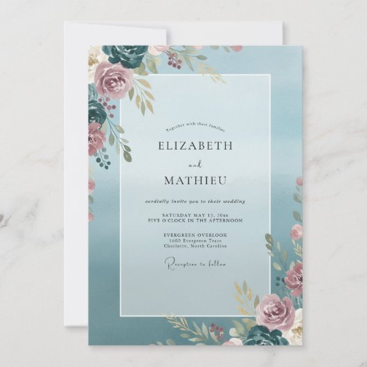 Invitation Mariage Feuille de Rose en Acier (Devant)