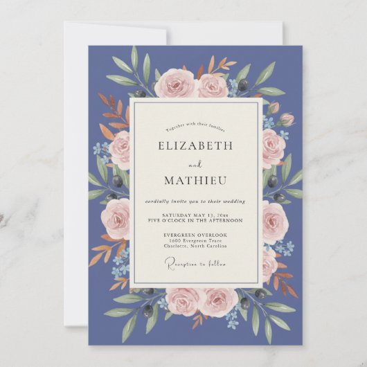Invitation Mariage Feuille de Rose Slate (Devant)