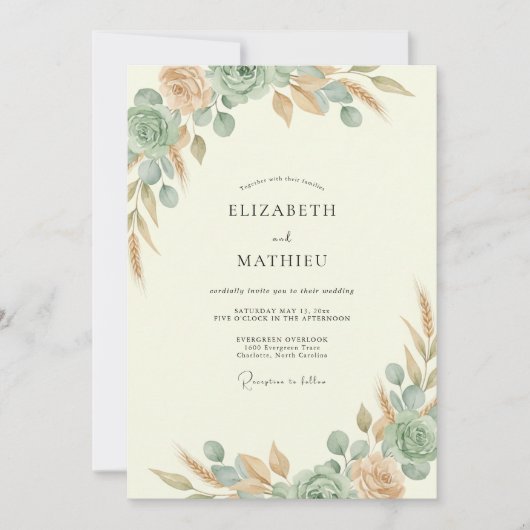 Invitation Mariage feuille de sarcelle cuivrée (Devant)