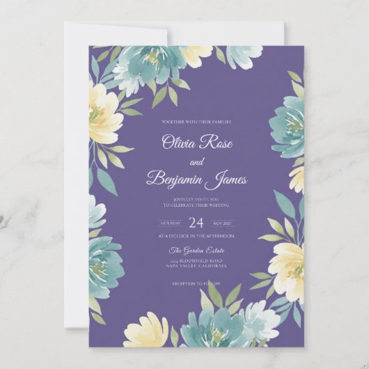 Invitation Mariage feuille de teal améthyste (Devant)