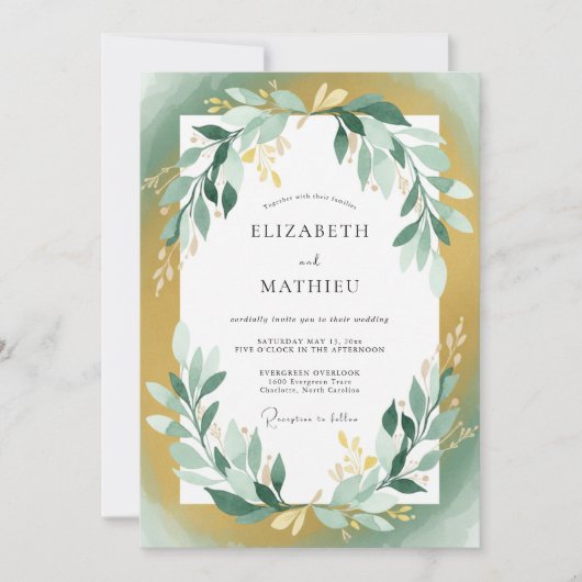 Invitation Mariage Feuille de Thé Vert Doré (Devant)
