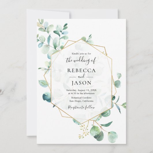 Invitation Mariage Feuille de verdure géométrique or (Devant)