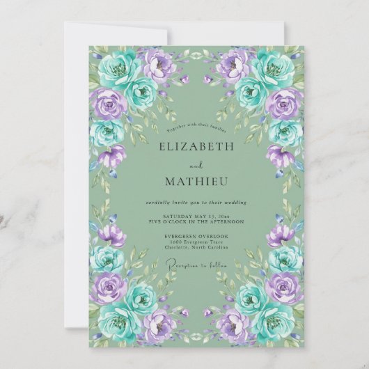 Invitation Mariage feuille de violette aqua (Devant)