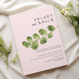 Invitation Mariage feuille d'eucalyptus à la menthe rose past
