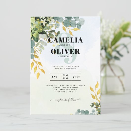 Invitation Mariage Feuille d'Eucalyptus or tout-en-1 (Debout devant)