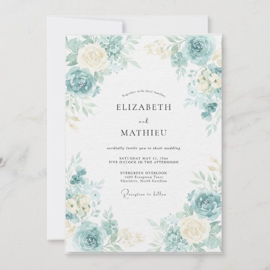 Invitation Mariage Feuille d'Ivoire Aqua (Devant)