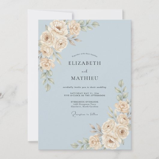 Invitation Mariage Feuille d'Ivoire Azur (Devant)