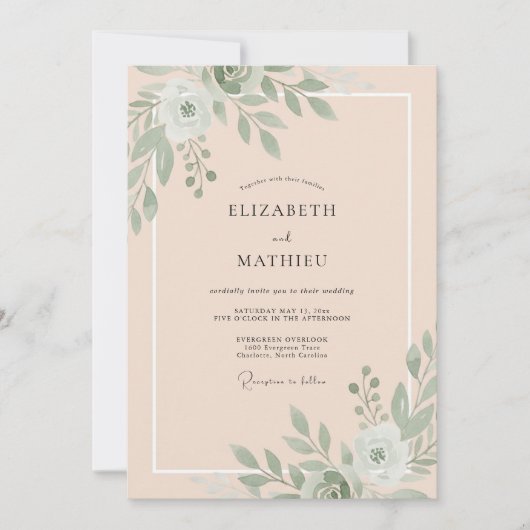 Invitation Mariage Feuille d'Olive Abricot (Devant)