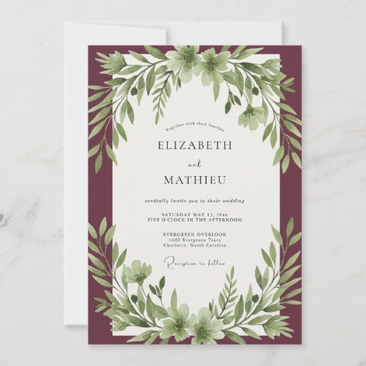 Invitation Mariage feuille d'olive bordeaux (Devant)