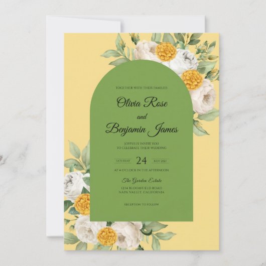 Invitation Mariage feuille d'olive jaune (Devant)