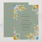 Invitation Mariage feuille d'olive moutarde (Devant / Derrière)