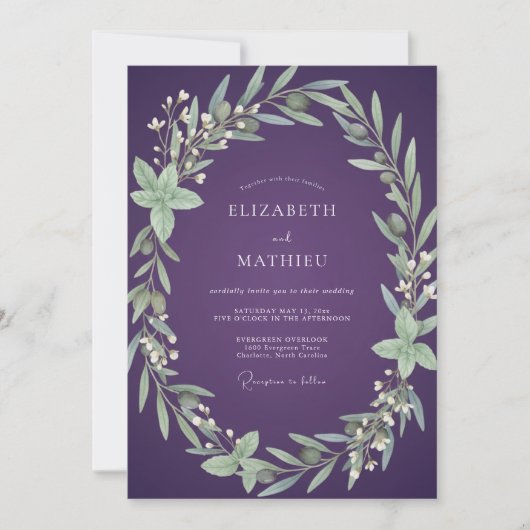 Invitation Mariage feuille d'olive prune (Devant)