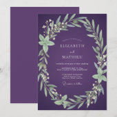 Invitation Mariage feuille d'olive prune (Devant / Derrière)