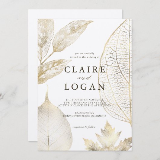 Invitation Mariage Feuille d'or (Devant / Derrière)