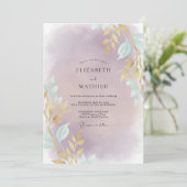 Invitation Mariage feuille d'or améthyste (Debout devant)