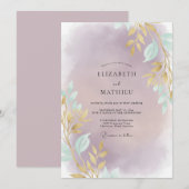 Invitation Mariage feuille d'or améthyste (Devant / Derrière)