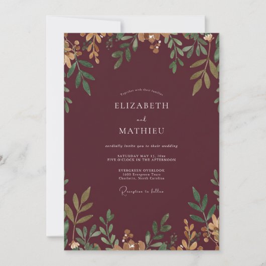 Invitation Mariage feuille d'or canneberge (Devant)