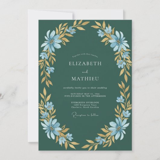 Invitation Mariage feuille d'or Champagne sarcelle (Devant)