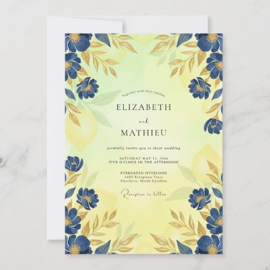 Invitation Mariage Feuille d'Or Cobalt (Devant)