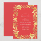 Invitation Mariage Feuille d'Or Corail (Devant / Derrière)