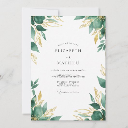 Invitation Mariage Feuille d'Or Émeraude (Devant)