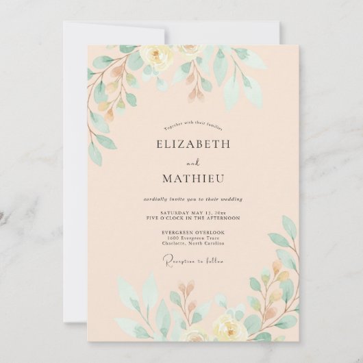 Invitation Mariage feuille d'or Menthe (Devant)