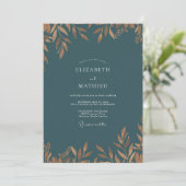 Invitation Mariage feuille d'or sarcelle antique (Debout devant)