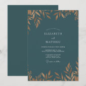 Invitation Mariage feuille d'or sarcelle antique (Devant / Derrière)