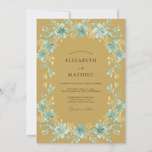 Invitation Mariage Feuille Dorée Aqua (Devant)