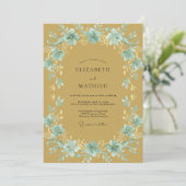 Invitation Mariage Feuille Dorée Aqua (Debout devant)
