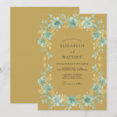 Invitation Mariage Feuille Dorée Aqua (Devant / Derrière)