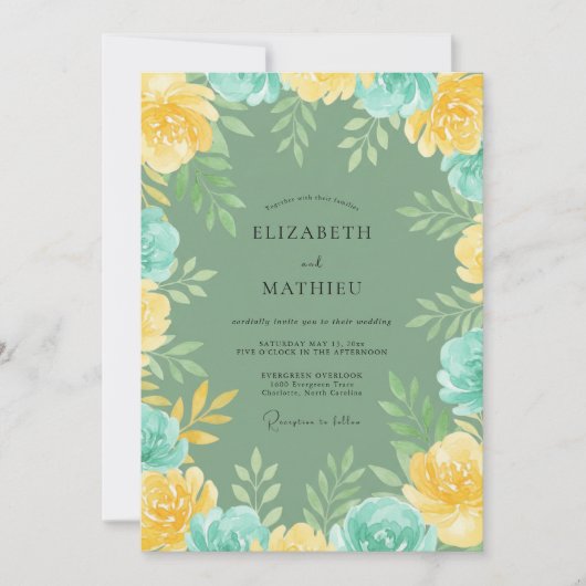 Invitation Mariage feuille dorée Aqua Champagne (Devant)