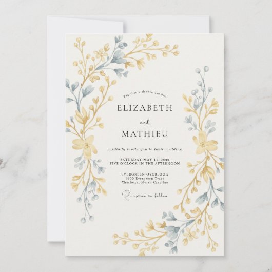 Invitation Mariage Feuille Dorée Ardoise (Devant)
