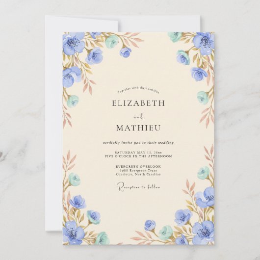 Invitation Mariage Feuille Dorée Chaude Bleuet (Devant)