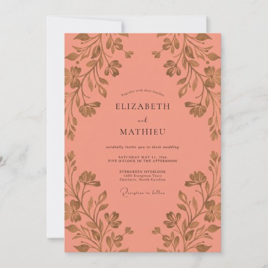 Invitation Mariage feuille dorée corail (Devant)