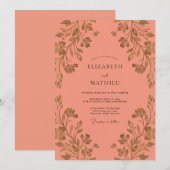 Invitation Mariage feuille dorée corail (Devant / Derrière)
